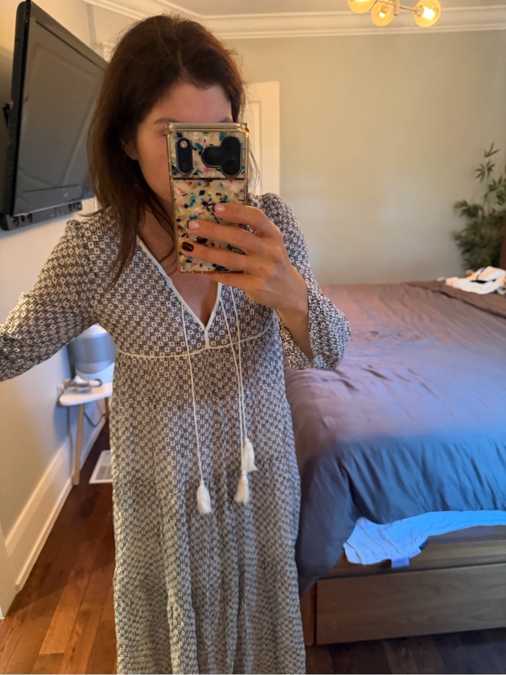Christy Dawn Gray Printed Tassel Maxi Dress